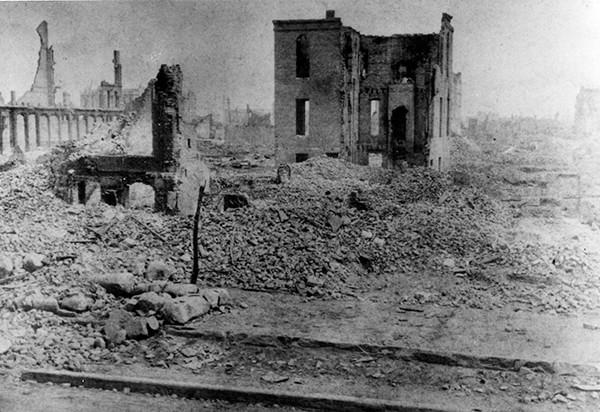 Black and white photo of St. Xavier Academy in ruins after the Great Chicago Fire